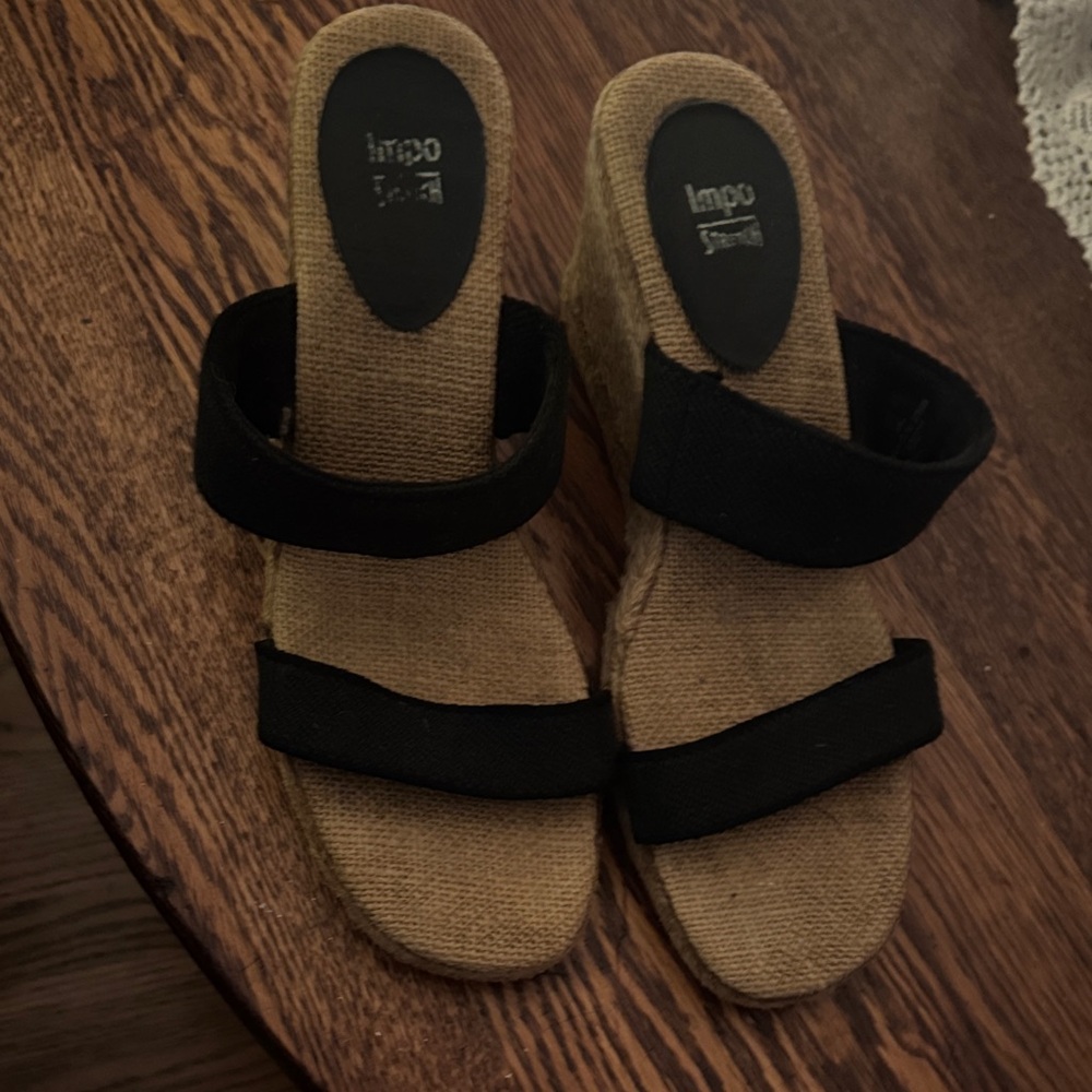 Impo Black and Tan Wedge Sandals